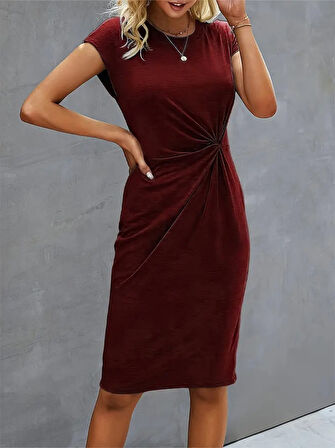 Kadın Kısa Kollu Bisiklet Yaka Yandan Büzgülü Midi Viskon Elbise