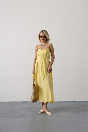 Askılı Basic Uzun Elbise - Sarı