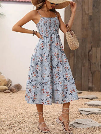 Kadın Ip Askılı Geniş V Yakalı Desenli Uzun Süprem Elbise