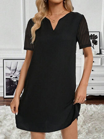 Kadın Kısa Kollu V Yakalı Kısa Janjan Krep Elbise