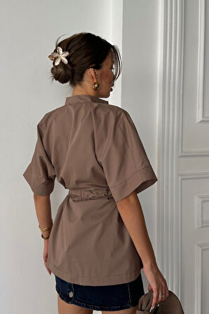 BEL BÜZGÜ DETAYLI POPLİN GÖMLEK - Kahverengi