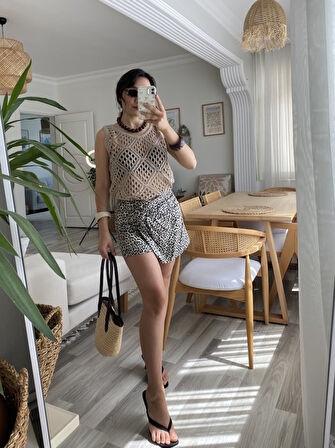 Kadın Askılı Yuvarlak Yaka Geometrik Desenli Triko Bluz