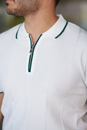 Erkek Dikey Kabartmalı Örgü Dokulu Fermuar Yakalı Tişört