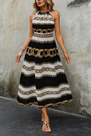 Kadın Kolsuz Boyundan Bağlamalı Beli Lastikli Dijital Baskı Süprem Uzun Elbise