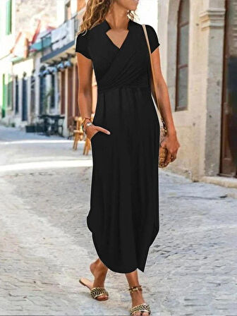 Kadın Kısa Kollu Hakim V Yaka Viskon Elbise