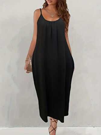 Kadın Ip Askılı Geniş V Yakalı Viskon Elbise