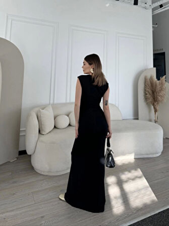 Kolsuz Uzun Likralı Elbise - Siyah