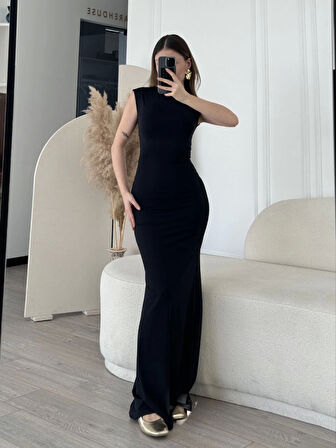 Kolsuz Uzun Likralı Elbise - Siyah