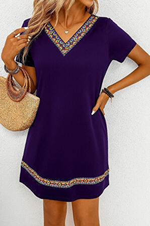 Kadın Kısa Kollu V Yakalı Etnik Desen şerit Detaylı Viskon Elbise