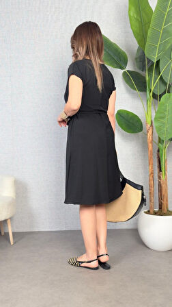 Kadın Kısa Kollu V Yakalı Beli Kuşaklı Ithal Keten Elbise