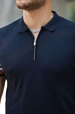 Erkek Fermuar Yakalı Kolları Desenli Kısa Kollu Tişört