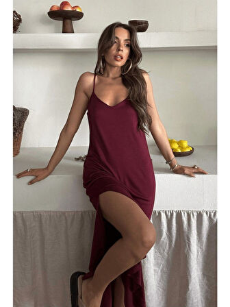 Kadın Siyah Asansör Askılı Çift Yırtmaçlı Helen Elbise