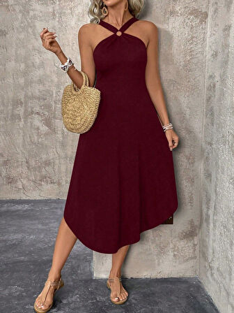 Kadın Boyundan çapraz Askılı Halka Detaylı Asimetrik Kesim Viskon Elbise