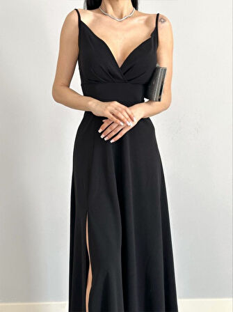 Kadın Ip Askılı Kruvaze Yaka Maxi Boy Abiye Elbise