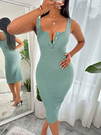 Kadın Askılı önü Düğmeli Midi Kaşkorse Elbise