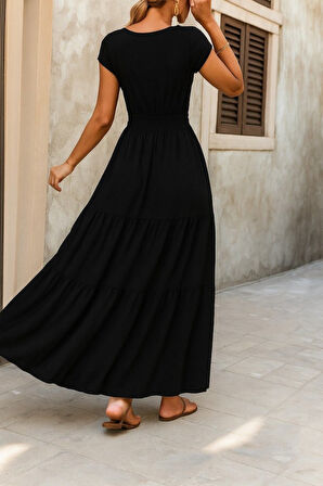Kadın Kısa Kollu Kruvaze Yaka Beli Lastikli Süprem Maksi Boy Elbise