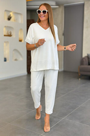 Kadın Kısa Kollu V Yakalı Pul Payetli Viskon Iki Iplik Bluz Ve Pantolon Ikili Takım