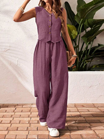 Kadın Sıfır Kollu Düğmeli Yelek Ve Pantolon Bürümcük Ikili Takım