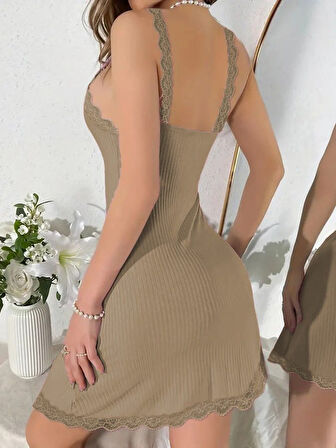Kadın Askılı V Yaka Dantel Detay Fitilli Kaşkorse Gecelik