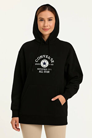 Üç İplik Kapşonlu ön Ve Arka Baskılı SweatShirt Hoodie- Siyah