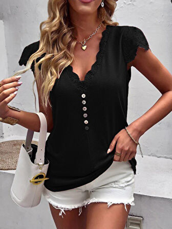 Kadın Kısa Kollu V Yakalı önü Düğmeli Viskon Bluz