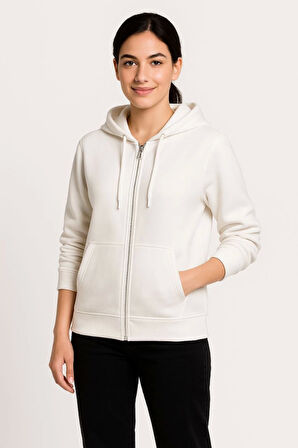 Üç İplik Kapüşonlu Tam Fermuarlı Kanguru Çepli SweatShirt Hoodie - Beyaz