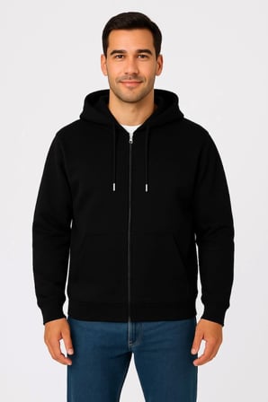 Erkek Üç İplik Kapüşonlu Tam Fermuarlı Kanguru Çepli SweatShirt Hoodie - Siyah