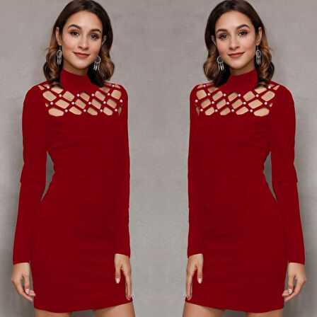 Kadın Uzun Kollu Bisiklet Yaka Lazer Kesim Inci Detay Viskon Iki Iplik Mini Boy Elbise