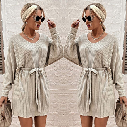 Kadın Uzun Kollu Fitilli şardonlu Detay Buklet Kuşaklı Yumoş Elbise