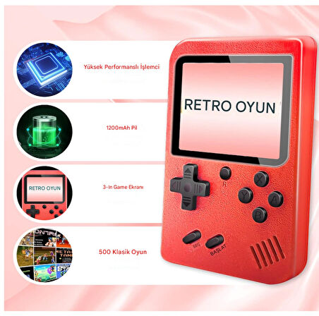 Retro Gameboy Oyun Konsolu Mini Atari 2 Oyunculu  Çocuklar, Yetişkinler için Hediye KIRMIZI