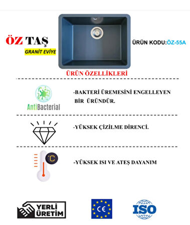 ÖZTAŞ Granit Mutfak Evye ANTRASİT Tek Gözlü  43 X 55 CM