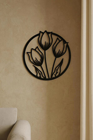 Lale Motifli Yuvarlak Metal Duvar Dekoru Tablo