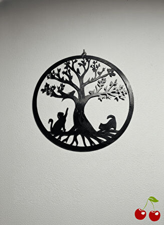 Kedili Yaşam Ağacı Metal Duvar Dekoru - Yuvarlak Kedi Silüetli Evcil Hayvan Temalı Tablo