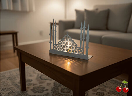 Metal Minareli Beyaz Işıklı Cami Dekoru | Modern Masaüstü İslami Dekorasyon Ürünü