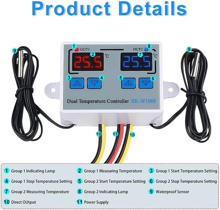 XK-W1088 İkili Dijital Sıcaklık Kontrollü Termostat - 12V/DC 120W