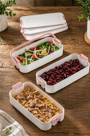 3 Katlı Bölmeli Kilitli Lunchbox Taşıma Saplı Kaşık Çatal Dahil