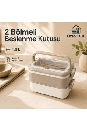 2 Bölmeli Beslenme Kutusu Çatal Kaşık Setli 1,8 L BEJ
