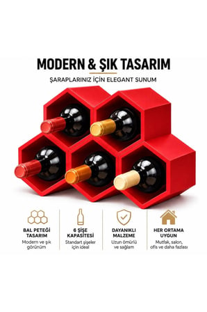 Kırmızı Özel Renk Nostaji Modern Yatay Tasarım 5 Hazneli Şarap Şişe Stant O