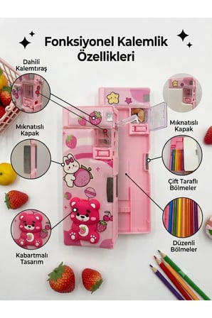 Sevimli Ayıcık ve Çilek Desenli Çok Fonksiyonlu Kalem Kutusu