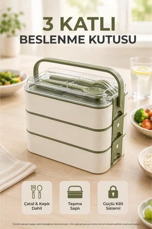3 Katlı Yeşil Beslenme Kutusu Çatal Kaşık Dahil Kilitli Kapaklı