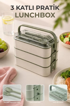 3 Katlı Bölmeli Lunchbox - Kilitli - Taşıma Saplı - G-770