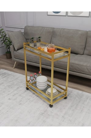 Çok Amaçlı Tekerlekli Sunum Servis Arabası Cam Raflı Gold