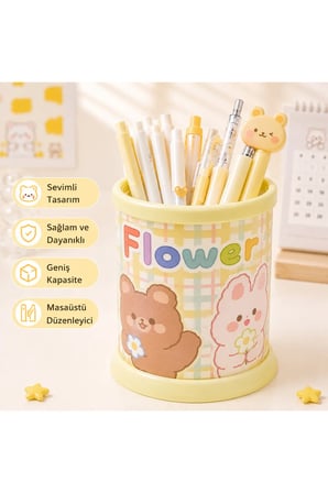 Sevimli Sarı Teddy Ayıcık ve Tavşan Desenli Masaüstü Kalemlik Organizer
