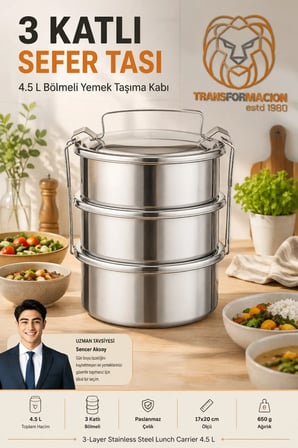 3 Katlı Paslanmaz Çelik Sefer Tası 4.5 L Bölmeli 17x20 cm