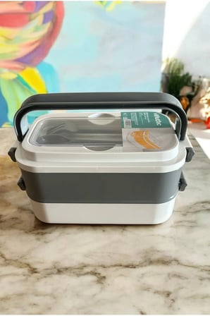 2 Katlı Taşınabilir Yemek Kabı Saklama Kabı Çatal Kaşıklı