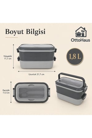2 Bölmeli Beslenme Kutusu Çatal Kaşık Setli Katlanır Saplı Kilitli 1,8 L