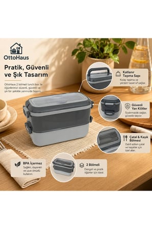 2 Bölmeli Beslenme Kutusu Çatal Kaşık Setli Katlanır Saplı Kilitli 1,8 L