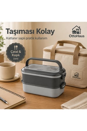 2 Bölmeli Beslenme Kutusu Çatal Kaşık Setli Katlanır Saplı Kilitli 1,8 L