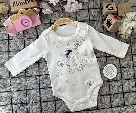 Ayıcık Kalp Baskılı Çıtçıtlı Bebek Zıbın