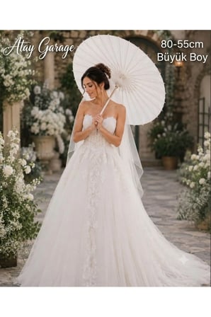 Büyük Boy Beyaz Dekoratif El Şemsiyesi 55-80cm